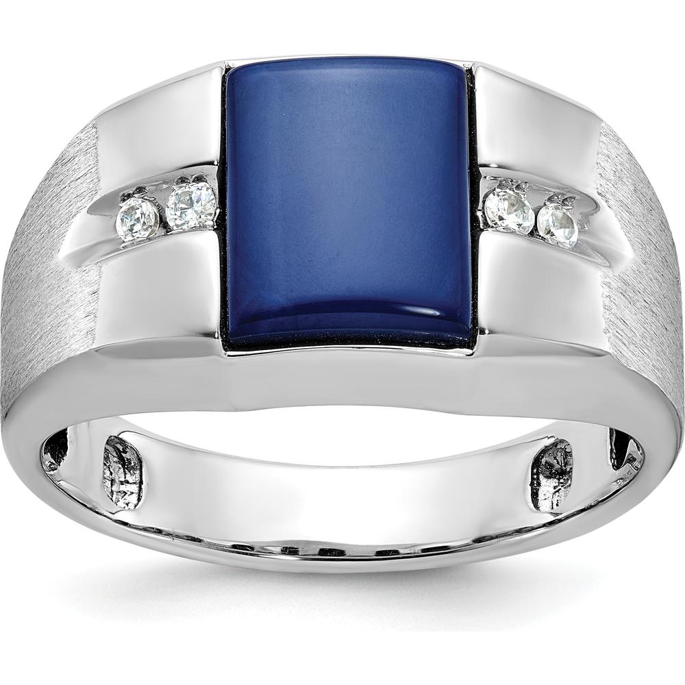 10K White Gold Men's Band Ring with Blue Stone and Diamond Accents - Rhodium Plated by IBGoodman