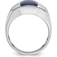 10K White Gold Men's Band Ring with Blue Stone and Diamond Accents - Rhodium Plated by IBGoodman