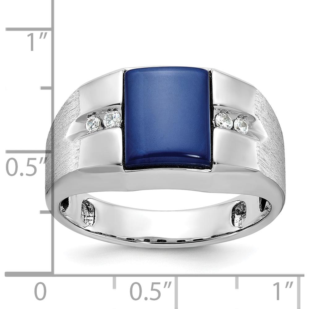 10K White Gold Men's Band Ring with Blue Stone and Diamond Accents - Rhodium Plated by IBGoodman