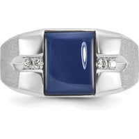 10K White Gold Men's Band Ring with Blue Stone and Diamond Accents - Rhodium Plated by IBGoodman