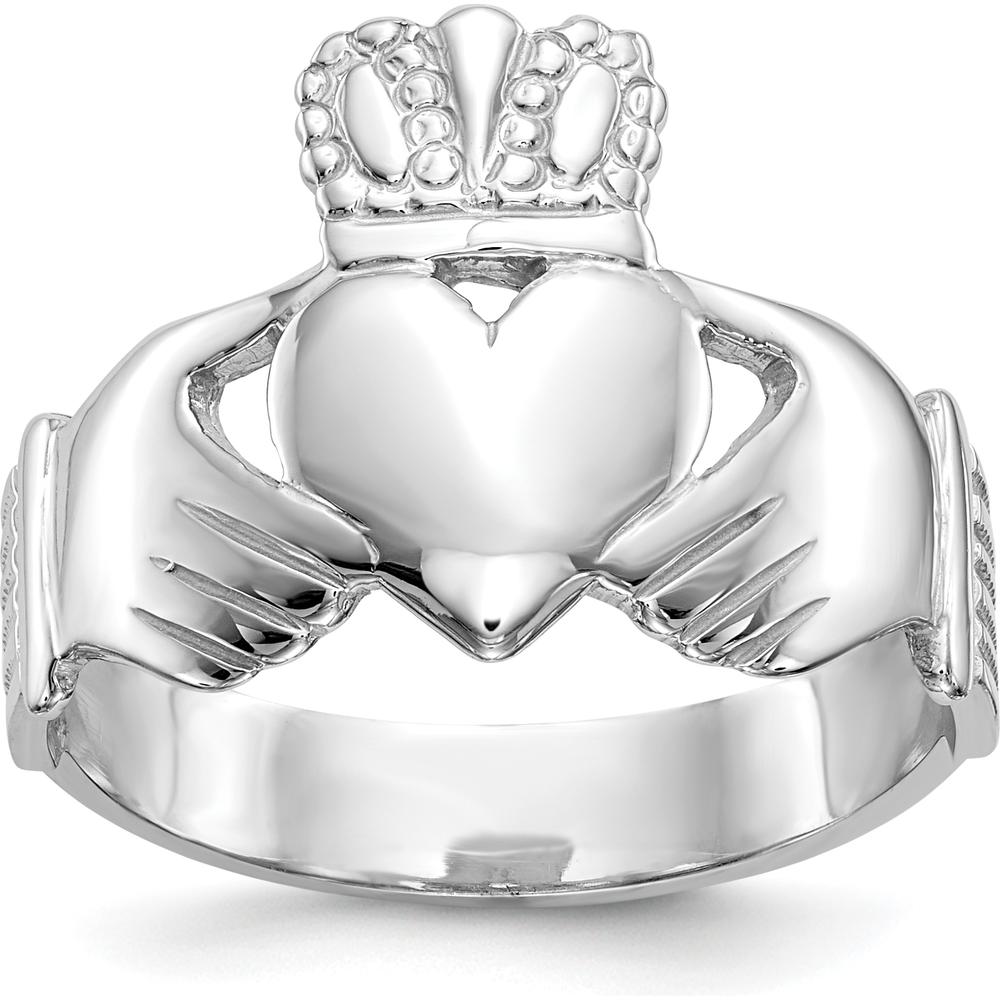 10K White Gold Men's Claddagh Ring with Polished Finish and Rhodium Plating