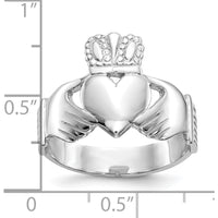 10K White Gold Men's Claddagh Ring with Polished Finish and Rhodium Plating
