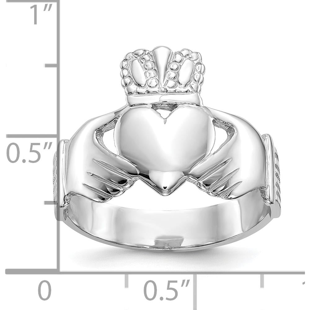 10K White Gold Men's Claddagh Ring with Polished Finish and Rhodium Plating