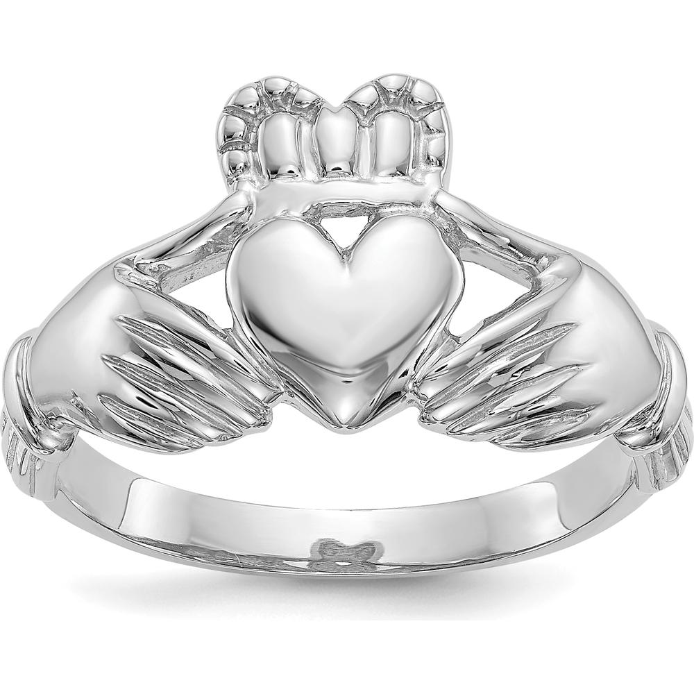10K White Gold Men's Claddagh Ring with Polished Finish and Rhodium Plating