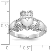 10K White Gold Men's Claddagh Ring with Polished Finish and Rhodium Plating