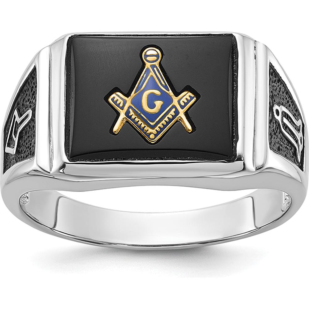 10K White Gold Men's Masonic Ring with Black Onyx and Enamel - 12x10mm Cushion Cut
