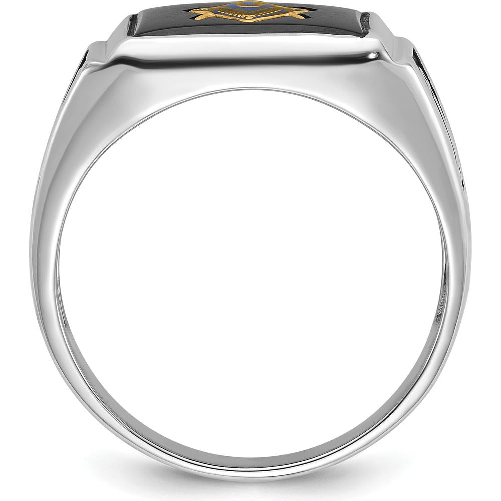 10K White Gold Men's Masonic Ring with Black Onyx and Enamel - 12x10mm Cushion Cut
