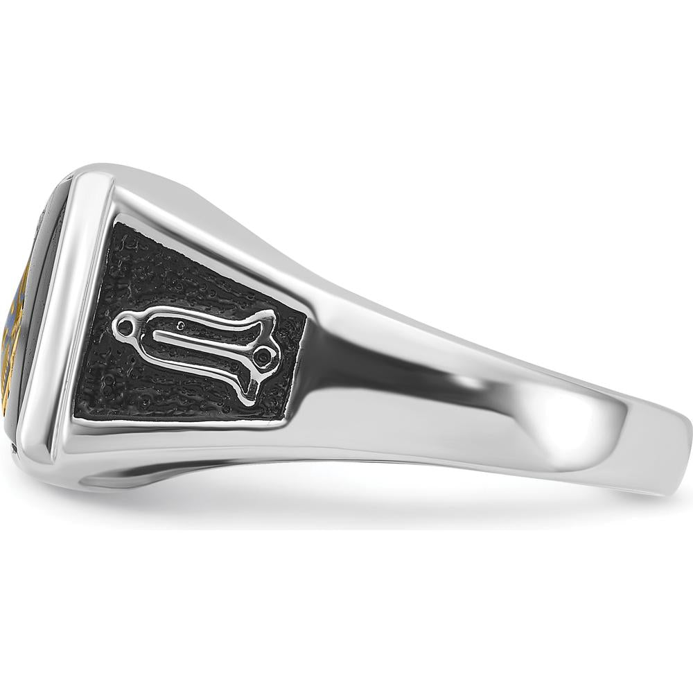 10K White Gold Men's Masonic Ring with Black Onyx and Enamel - 12x10mm Cushion Cut