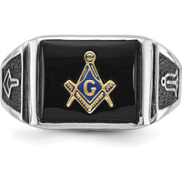 10K White Gold Men's Masonic Ring with Black Onyx and Enamel - 12x10mm Cushion Cut