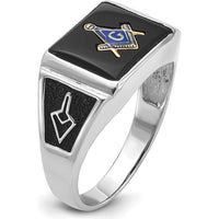 10K White Gold Men's Masonic Ring with Black Onyx and Enamel - 12x10mm Cushion Cut