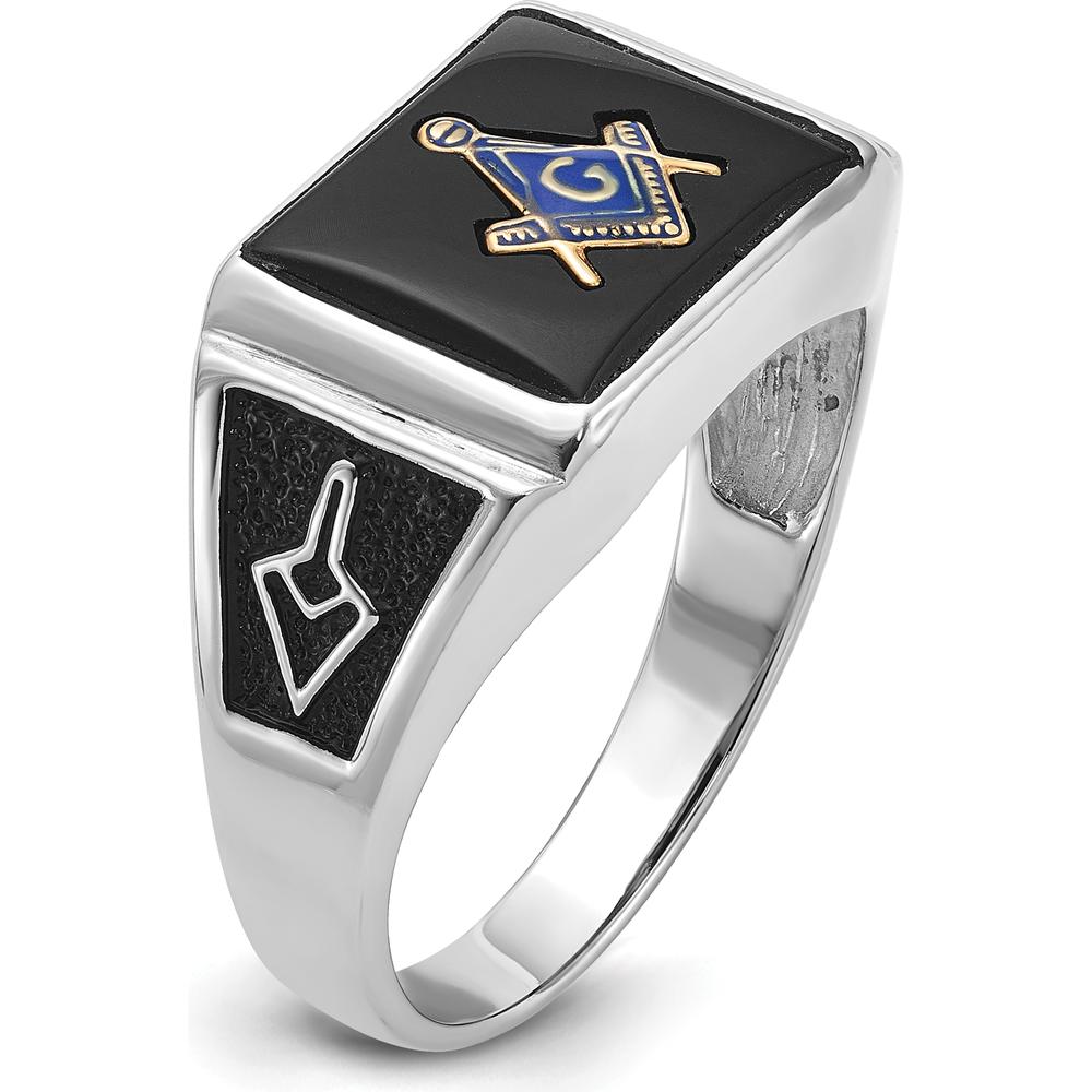 10K White Gold Men's Masonic Ring with Black Onyx and Enamel - 12x10mm Cushion Cut