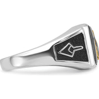 10K White Gold Men's Masonic Ring with Black Onyx and Enamel - 12x10mm Cushion Cut