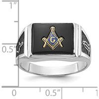10K White Gold Men's Masonic Ring with Black Onyx and Enamel - 12x10mm Cushion Cut