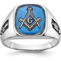 10K White Gold Men's Polished and Grooved Masonic Ring with Black Enamel and Cushion-Cut Imitation Blue Spinel - 12x10mm