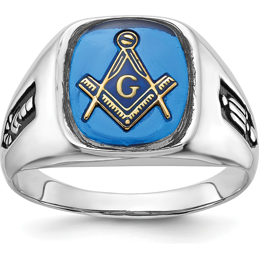 10K White Gold Men's Polished and Grooved Masonic Ring with Black Enamel and Cushion-Cut Imitation Blue Spinel - 12x10mm
