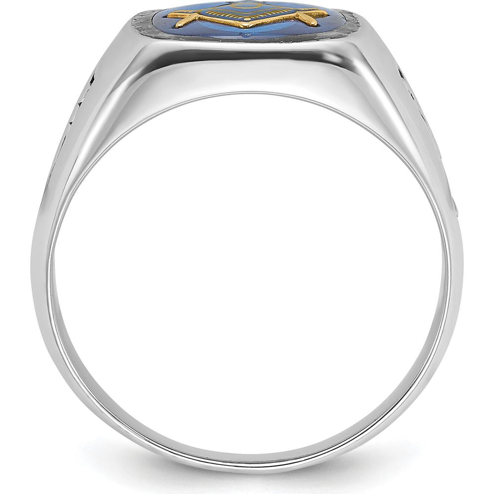 10K White Gold Men's Polished and Grooved Masonic Ring with Black Enamel and Cushion-Cut Imitation Blue Spinel - 12x10mm
