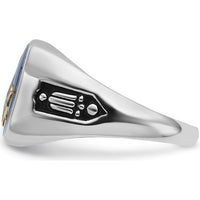 10K White Gold Men's Polished and Grooved Masonic Ring with Black Enamel and Cushion-Cut Imitation Blue Spinel - 12x10mm