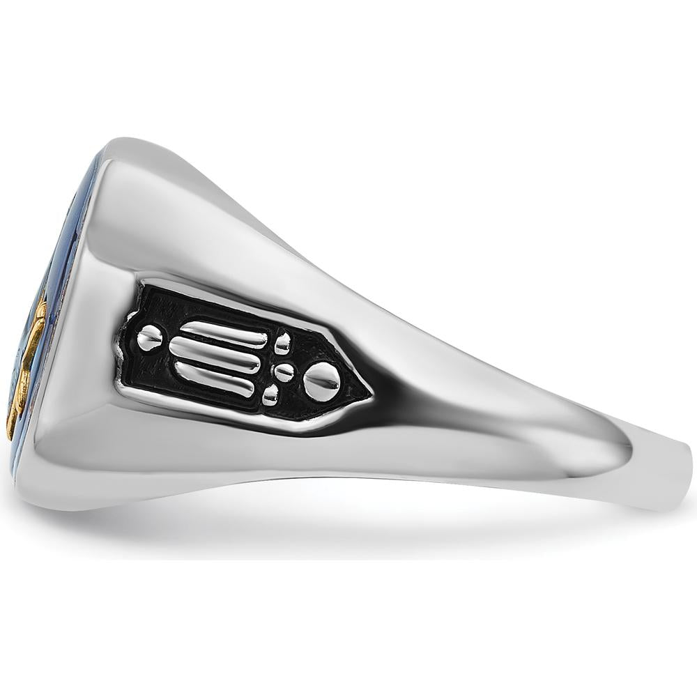 10K White Gold Men's Polished and Grooved Masonic Ring with Black Enamel and Cushion-Cut Imitation Blue Spinel - 12x10mm