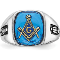 10K White Gold Men's Polished and Grooved Masonic Ring with Black Enamel and Cushion-Cut Imitation Blue Spinel - 12x10mm