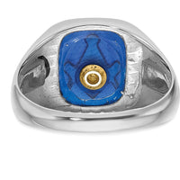 10K White Gold Men's Polished and Grooved Masonic Ring with Black Enamel and Cushion-Cut Imitation Blue Spinel - 12x10mm