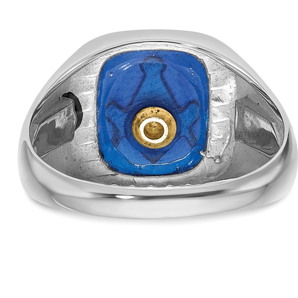 10K White Gold Men's Polished and Grooved Masonic Ring with Black Enamel and Cushion-Cut Imitation Blue Spinel - 12x10mm
