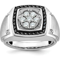 10K White Gold Men's Polished and Satin Diamond Halo Cluster Ring with 3/4 Carat Black and White Diamonds by IBGoodman