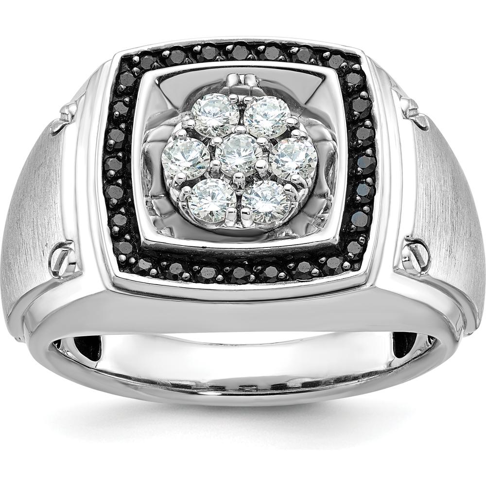 10K White Gold Men's Polished and Satin Diamond Halo Cluster Ring with 3/4 Carat Black and White Diamonds by IBGoodman