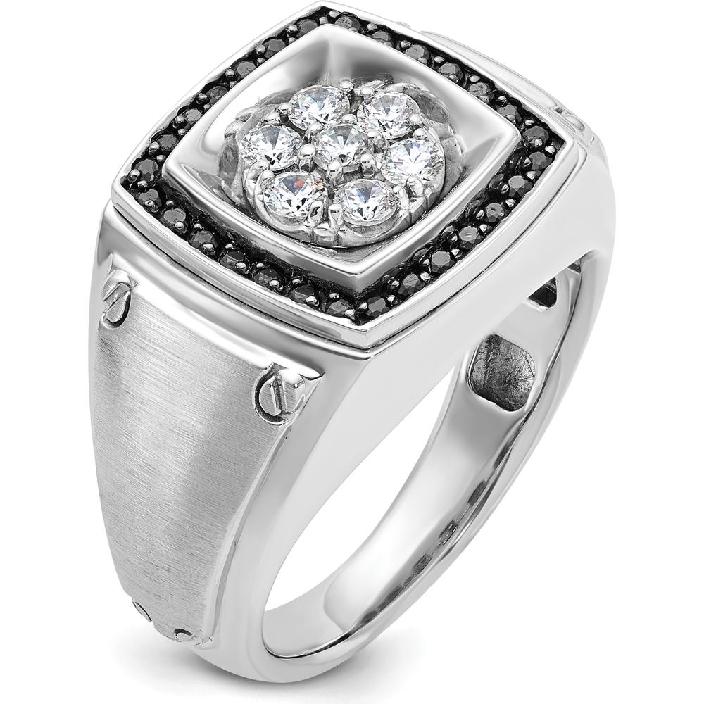 10K White Gold Men's Polished and Satin Diamond Halo Cluster Ring with 3/4 Carat Black and White Diamonds by IBGoodman