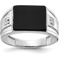 10K White Gold Men's Ring with Round Diamonds and Cushion-Cut Black Onyx - Rhodium Plated
