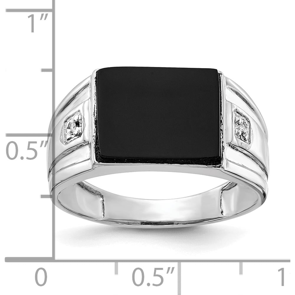 10K White Gold Men's Ring with Round Diamonds and Cushion-Cut Black Onyx - Rhodium Plated