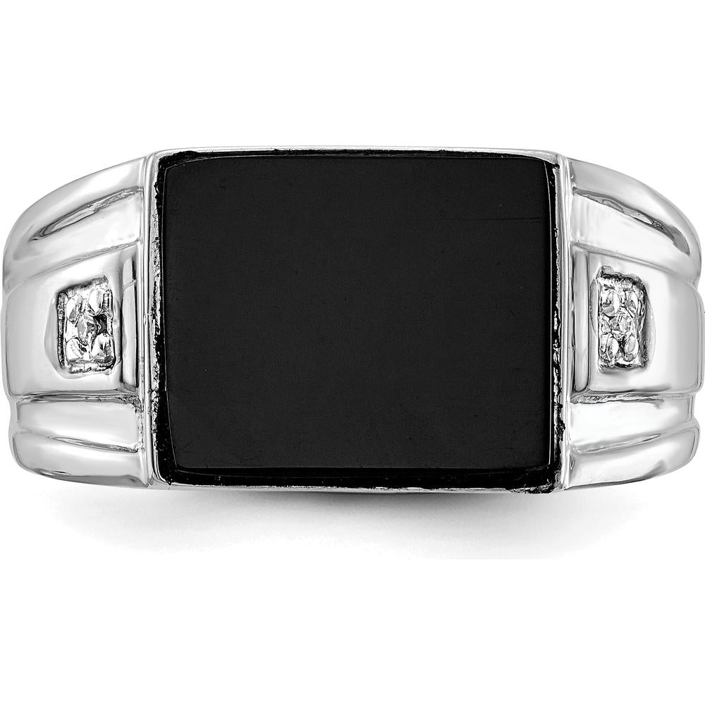 10K White Gold Men's Ring with Round Diamonds and Cushion-Cut Black Onyx - Rhodium Plated