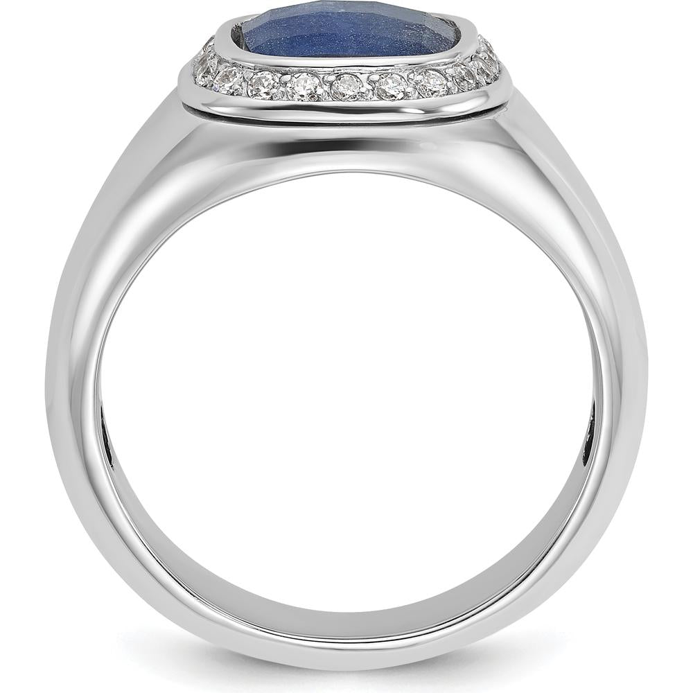 10K White Gold Men's Sapphire Doublet Stone and Diamond Complete Ring with Rhodium Plating by IBGoodman