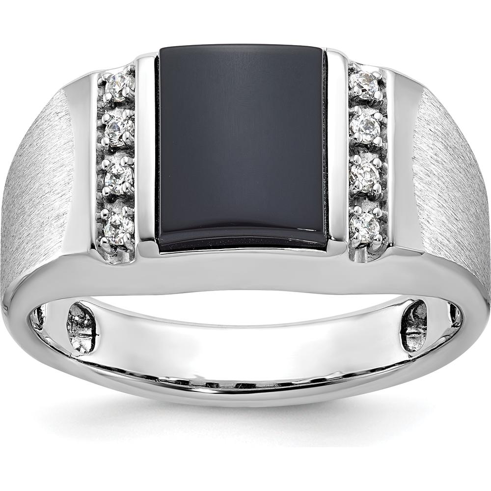 10K White Gold Men's Satin Onyx and Diamond Ring with Cushion Cut Onyx and 8 Round Brilliant Diamonds - 0.12 Carats Total Diamond Weight by IBGoodman