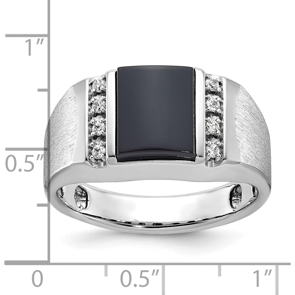 10K White Gold Men's Satin Onyx and Diamond Ring with Cushion Cut Onyx and 8 Round Brilliant Diamonds - 0.12 Carats Total Diamond Weight by IBGoodman