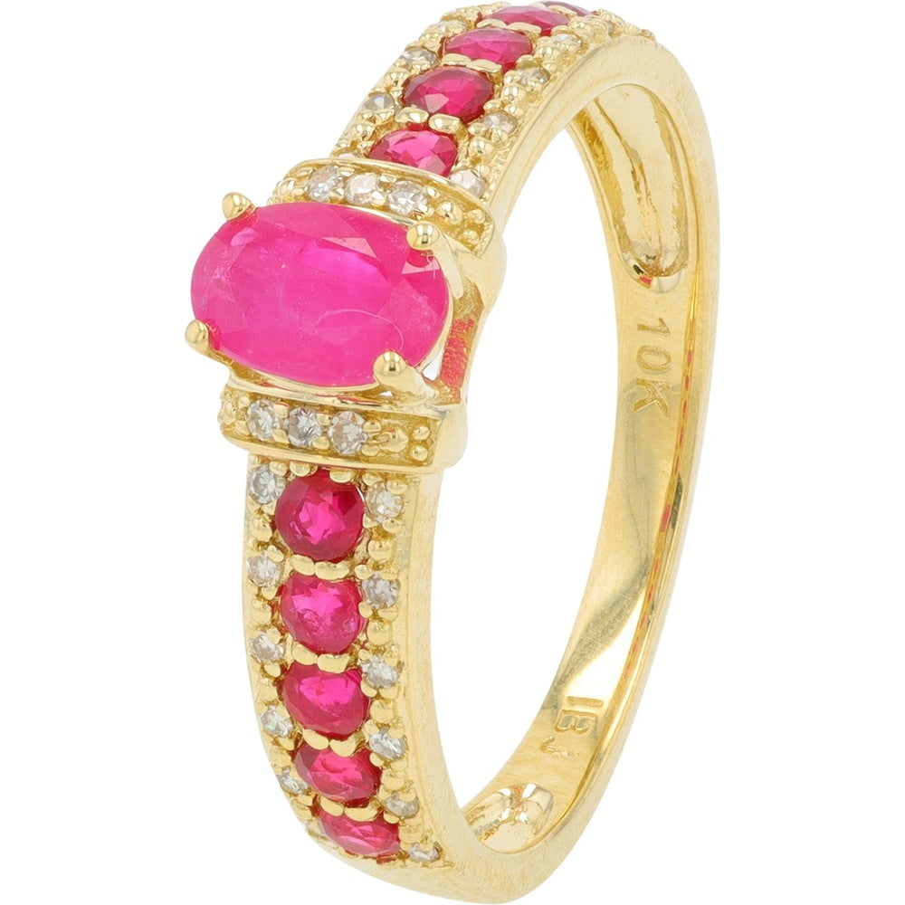 10K White Gold Milgrain Detail Ring with Oval Ruby and Round Diamond Accents - 0.40-0.50 Carat Total Ruby Weight