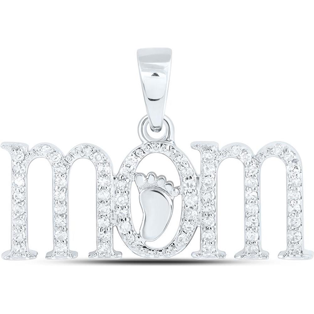 10K White Gold "Mom" Pendant with Prong-Set Round Diamonds and Baby Footprint - 1/5 Carat Total Diamond Weight