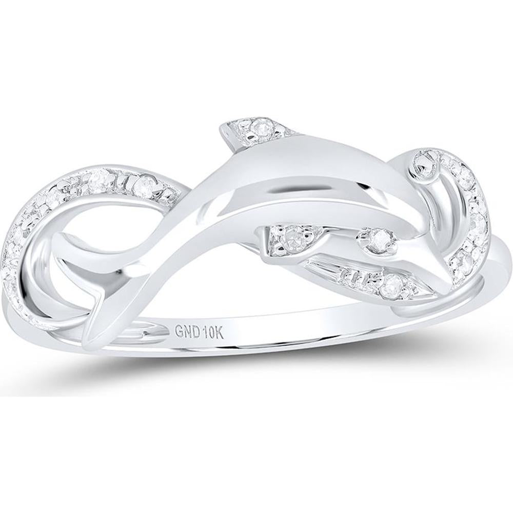 10K White Gold Motif Dolphin Ring with Bead-Set Round Diamonds - 0.05 Carat Total Diamond Weight