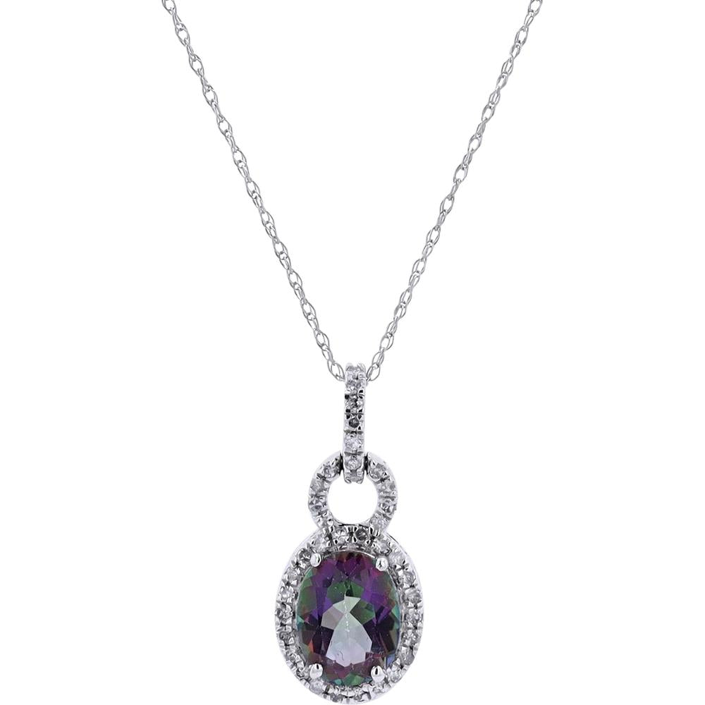10K White Gold Mystic Gemstone Pendant with Diamond Halo - 0.20 Carat Total Diamond Weight