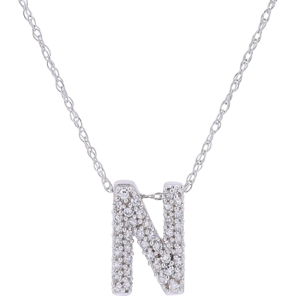 10K White Gold 'N' Initial Pendant Necklace with Pave-Set Diamonds - 0.15 Carats Total Diamond Weight