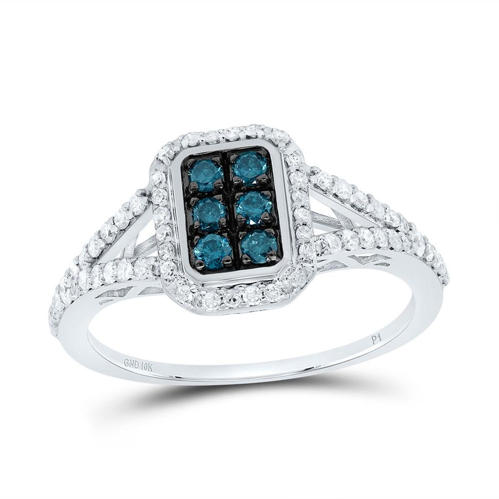 10K White Gold Natural Diamond Blue Diamond Emerald Ring - 1/2 Carat Total Gemstone Weight
