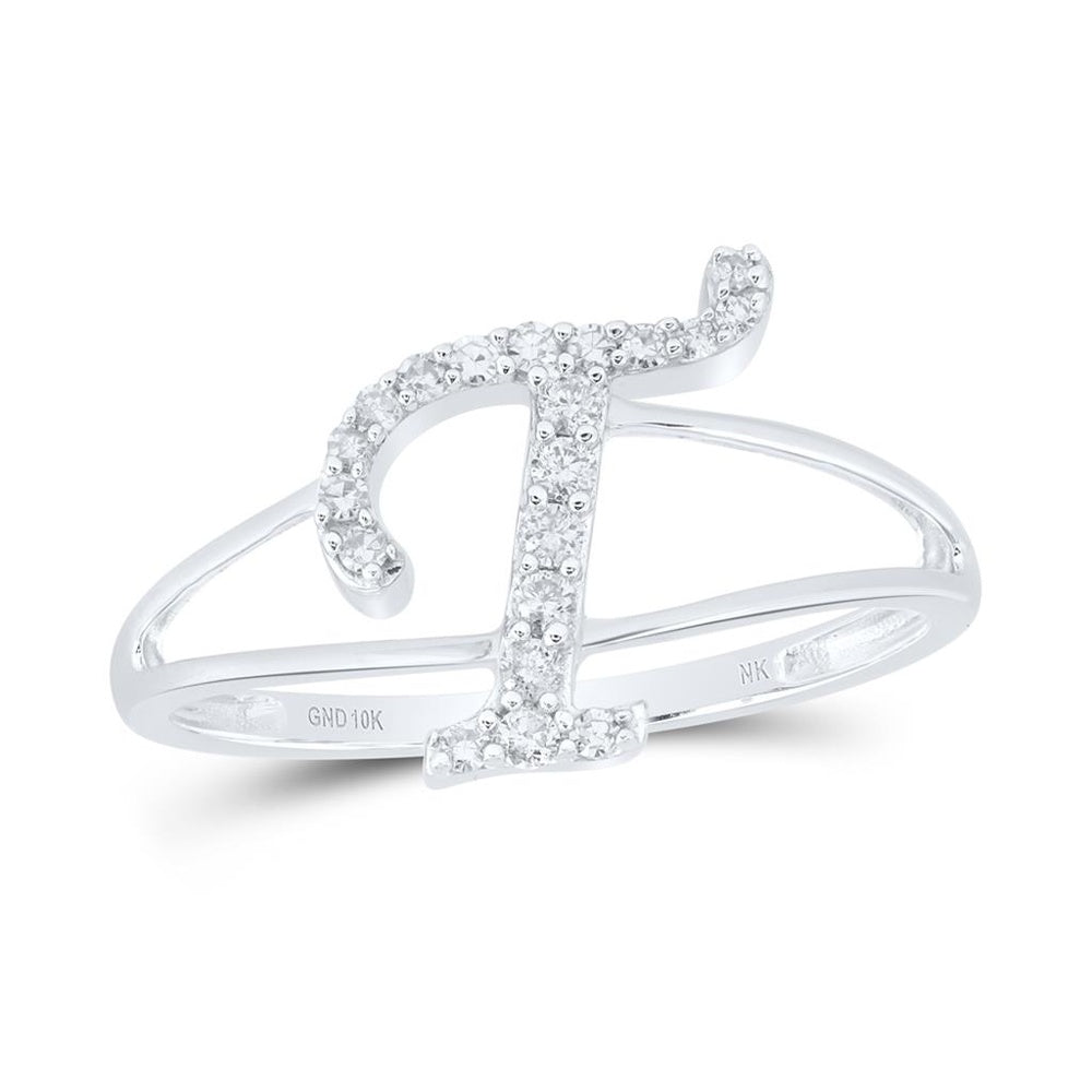 10K White Gold Natural Diamond Initial "T" Ring - 1/7 Carat Total Diamond Weight