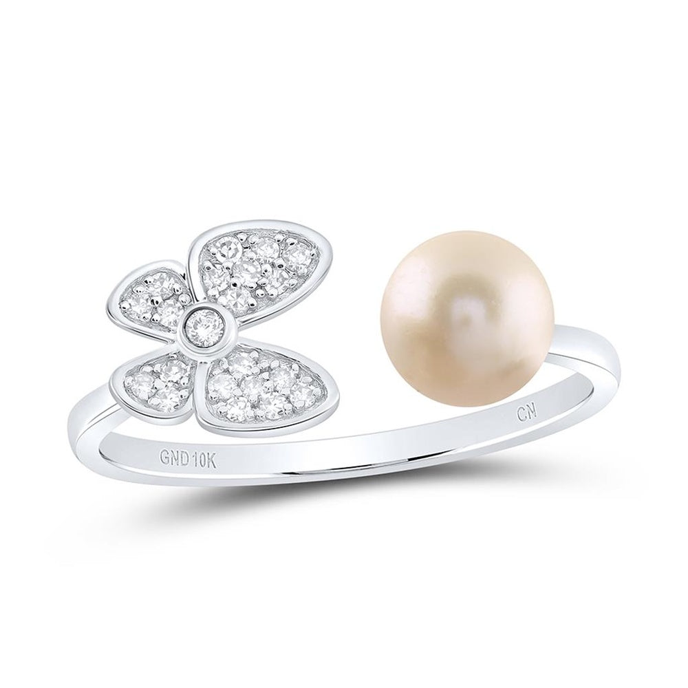 10K White Gold Natural Diamond Pearl Butterfly Ring - 1 5/8 Carat Total Gemstone Weight