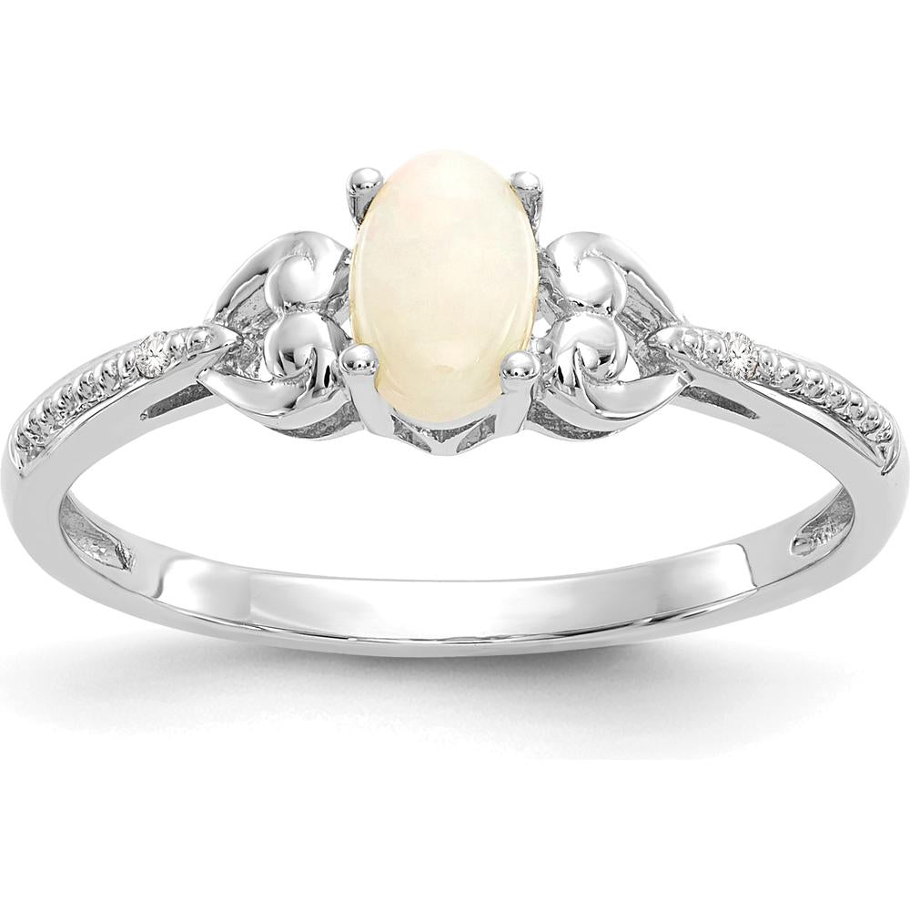 10K White Gold Opal and Diamond Ring with Oval Opal (0.55 Carat) and Round Diamonds (0.01 Carat Total) - Rhodium Plated