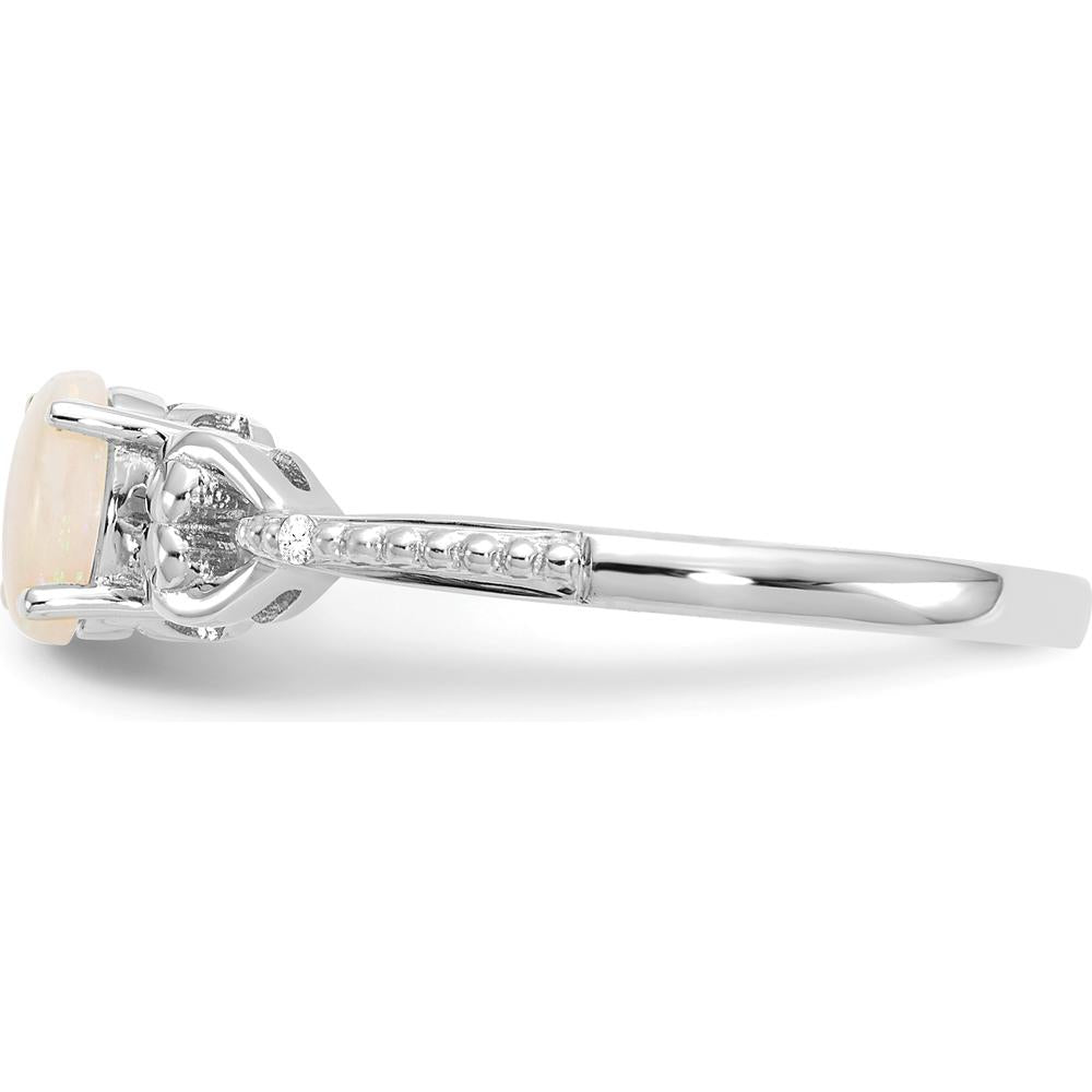 10K White Gold Opal and Diamond Ring with Oval Opal (0.55 Carat) and Round Diamonds (0.01 Carat Total) - Rhodium Plated