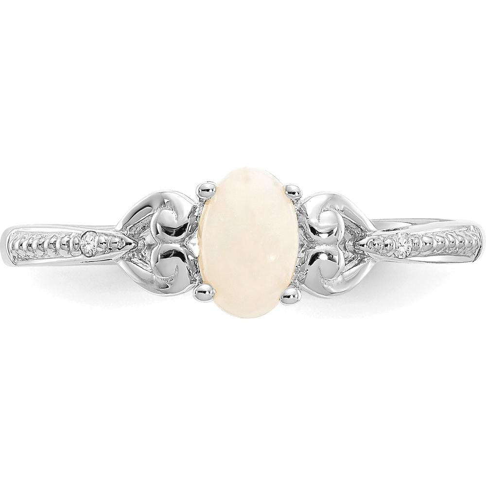 10K White Gold Opal and Diamond Ring with Oval Opal (0.55 Carat) and Round Diamonds (0.01 Carat Total) - Rhodium Plated