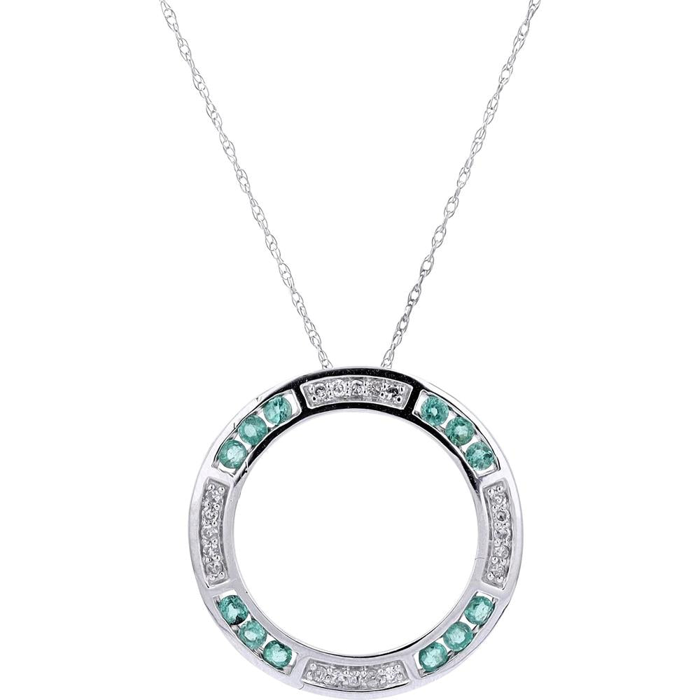 10K White Gold Open Circle Pendant with Emeralds and Diamonds - 0.11 Carats Total Diamond Weight