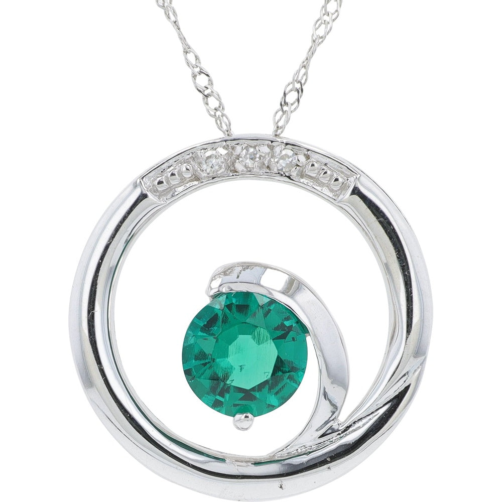 10K White Gold Open Circle Pendant with Round Created Emerald and Diamond Accents - 0.02 Carat Total Diamond Weight