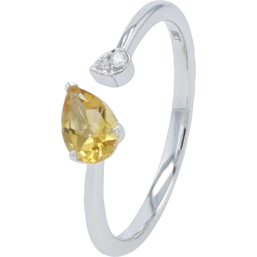 10K White Gold Open Cuff Ring with Pear-Shaped Citrine and Flush-Set Round Diamond Accent - 0.35-0.50 Carat Citrine and 0.02 Carat Diamond Total Weight
