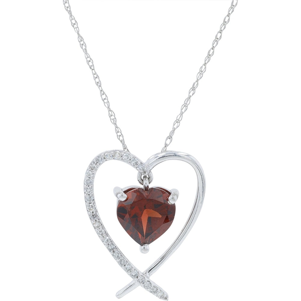 10K White Gold Open Heart Pendant with Heart-Shaped Garnet and 0.08 Carat Pavé Diamond Accent