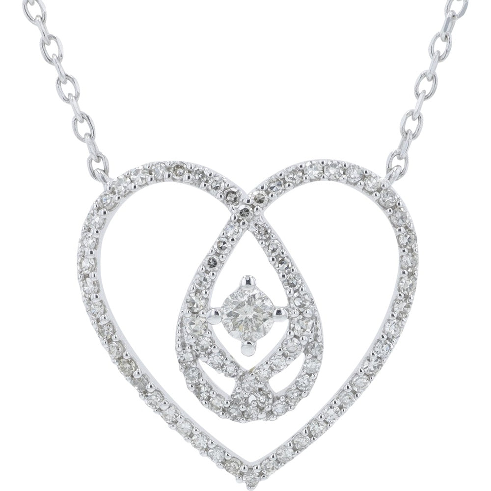 10K White Gold Open Heart Pendant with Pavé Set Round Diamonds and Center Prong-Set Diamond - 0.33 Carat Total Diamond Weight